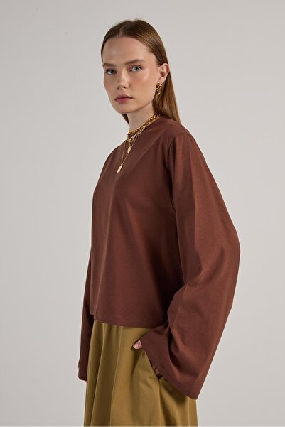 minaaise Manecă lată maro pentru femei supradimensionat scurtă basic tricou 30059