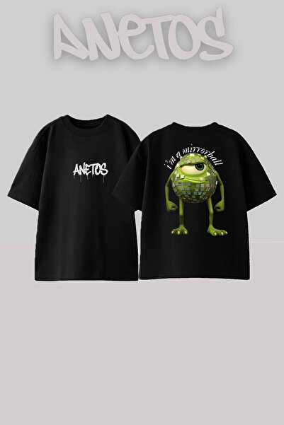 Anetos تي شيرت أسود كبير الحجم من القطن بتصميم وحش ذو عين واحدة ومطبوع على الظهر