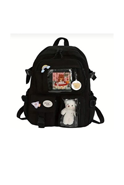 DEEFWEAR Kawaii Japanese Style School Backpack with Accessories and Teddy Bear Black - Without Badges