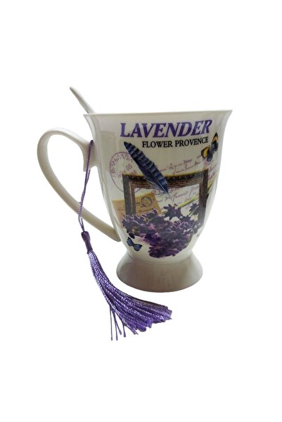 BV Ceramic mug with spoon, lavender design, Purple