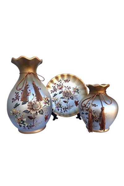 BV Set de 2 vaze decorative din ceramică și farfurie, maro