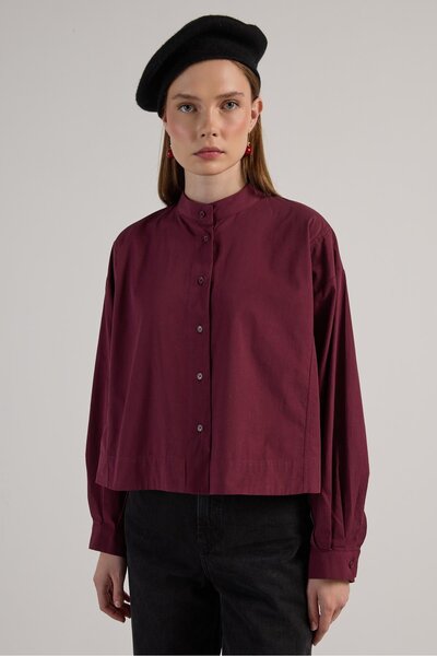 minaaise Cămașă scurtă oversize cu design burgundă pentru femei 30019