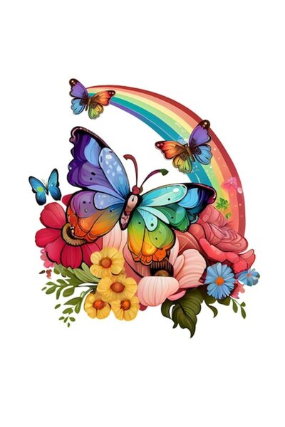 BV Sticker decorativ, Fluture, Curcubeu si Flori, Multicolor, 68 cm, 1210STK-3