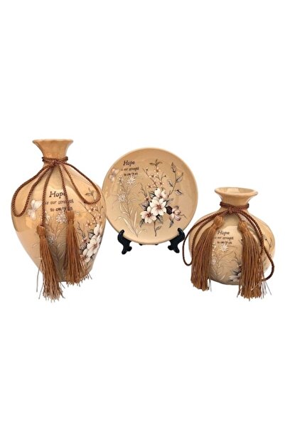 BV Set de 2 vaze decorative și farfurie ceramică, Floral, Crem