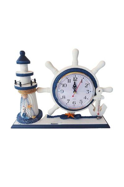 BV Decorative clock - ship wheel with lighthouse and anchor, blue, 26 cm