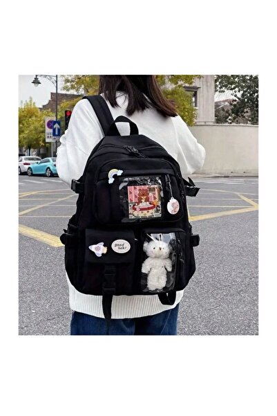 DEEFWEAR Kawaii Japanese Style School Backpack with Accessories and Teddy Bear Black - Without Badges