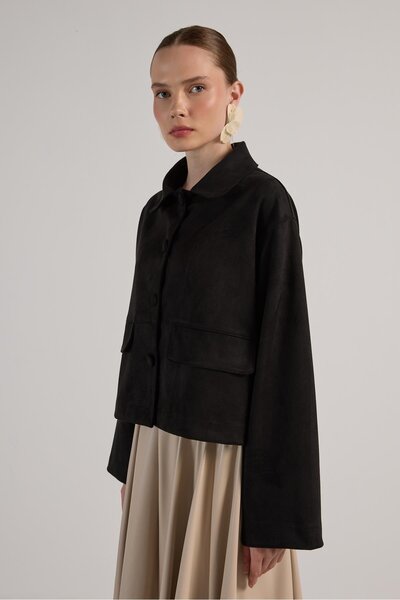 minaaise Γυναικείο μαύρο κοντό μπουφάν κατάδυσης από σουέτ 30042