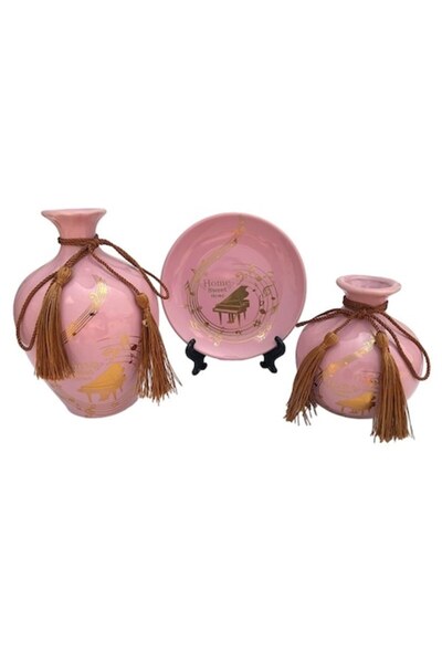 BV Set 2 vaze decorative și farfurie, Note muzicale, Roz, 448H-1