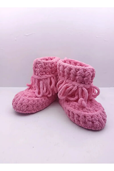 El Emeği Pembe Örgü Kız Çocuk Ev Patiği 21-22 Numara -