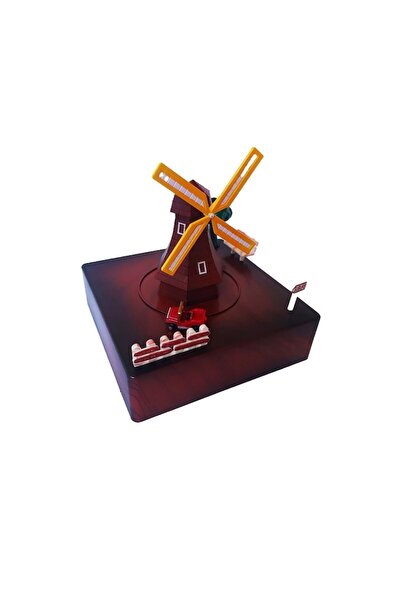 BV Music box with key, car circulates around windmill, Brown, 15 cm
