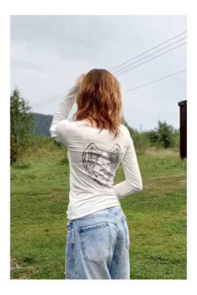 Pop Giyim Gothic Back Printed Wing Wide Neckline Y2K Long Sleeve Sweatshirt