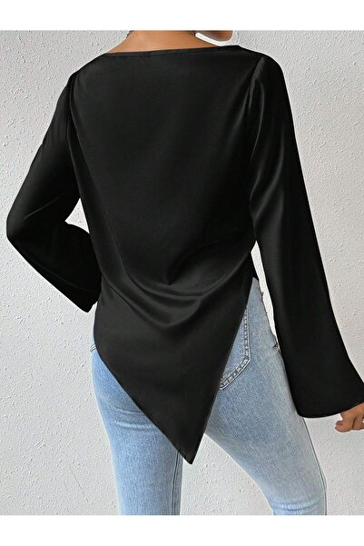 WEEST MODA Black Polyester Fabric Draped Collar Spanish Sleeve Draped Collar Top Blouse