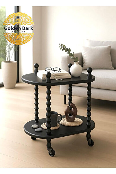 Golden Bark Side table with wheels and 2 shelves, coffee table