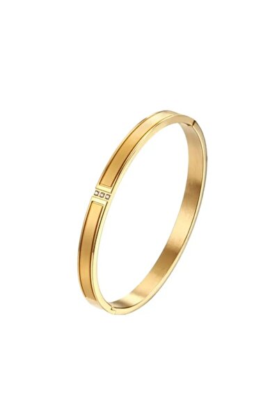 Tessero - Women's fixed bangle bracelet with 3 zirconia crystals, stainless steel, 18K gold plated,