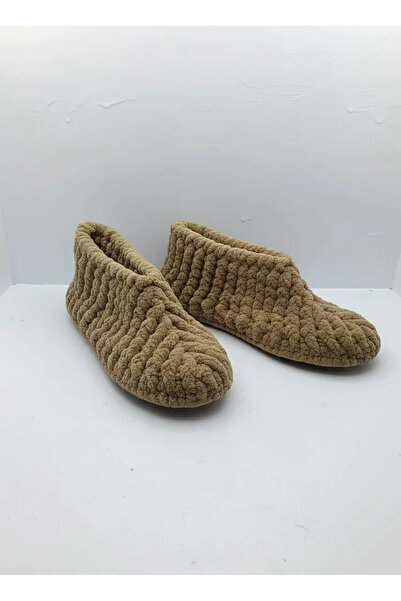 El Emeği Kahverengi Örgü Kadın Panduf - Çeyizlik, Yumuşak ve Sıcak Tutan 35-36 Numara