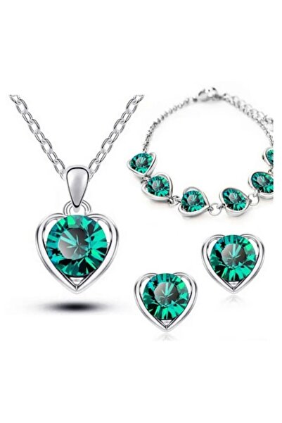 Tessero women's jewelry set — necklace with pendant, earrings, adjustable bracelet, green