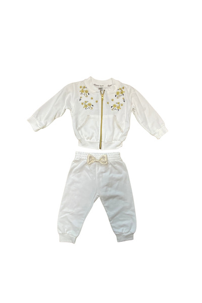OEM White baby girl outfit with floral embroidery and decorative bow – elegant model with gold zipper