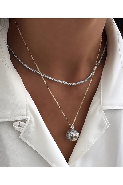 mibrillo قلادة مزدوجة على شكل كرة من الفولاذ مع حجر الزركون