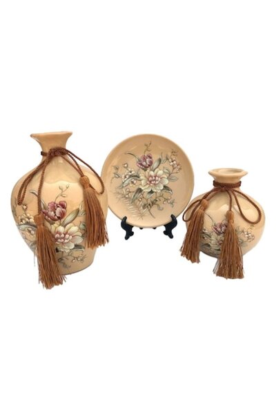 BV Set de 2 vaze și farfurie decorative din ceramică, Flori, Crem (446H-3)