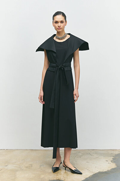 BİZE Tafta Koca Yakalı Elbise - Siyah