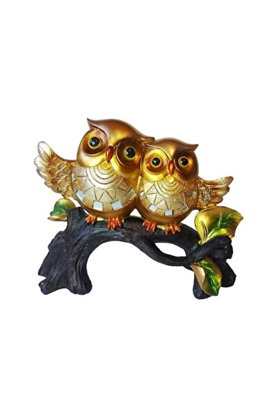 BV Figurină decorativă, Bufnițe pe o creangă de copac, aurie, 22 cm