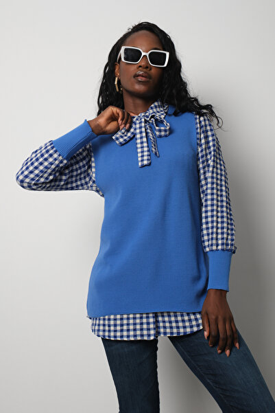 Moda Days Дамски комплект от две части: синьо плетено жиле с ребра и карирана...