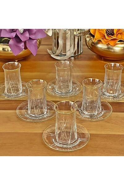 P&ORA PREMIUM KITCHEN PRODUCTS New Zeo Gold Gilded (Real) 12 Pieces Tea Set for 6 People Tea Set Gift Glass