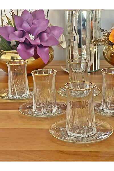 P&ORA PREMIUM KITCHEN PRODUCTS New Zeo Gold Gilded (Real) 12 Pieces Tea Set for 6 People Tea Set Gift Glass