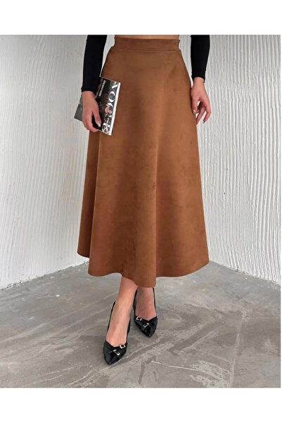 YUSUF CAN KARATAŞ KARATAŞ GİYİM Women's Elastic Waist Suede Fabric Tan Color Kilos Skirt Length 95 cm