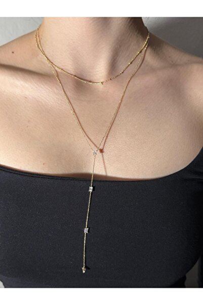 Sirena Accessories Modern Şıklık Baget Zirkon Taşlı Gold Kaplama Çelik Y Kolye