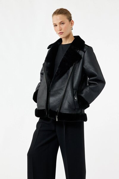 Koton Women's Plush Lined Long Sleeve Collar Faux Fur Double Breasted Leather Look Jacket 6Wak