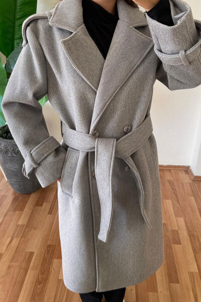 Nazline Women's Double Pocket Double-Breasted Collar Belted Cashmere Coat