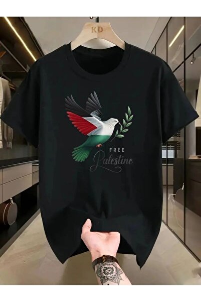 İnazuma Outdoors تي شيرت أسود بأكمام قصيرة وياقة دائرية مطبوع عليه طائر فلسطين للجنسين