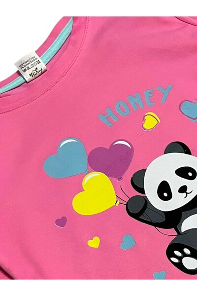 elmas kids Girl's 100% Cotton Combed Fabric Pink Panda Heart Patterned Long Sleeve Seasonal Pajama Set