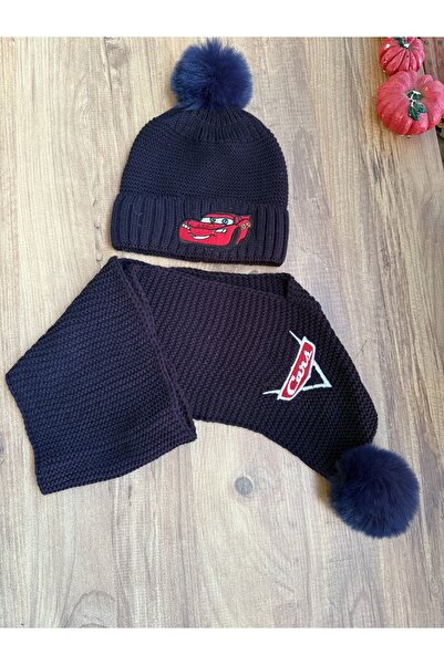 Blotch Children's Pompom Navy Blue Color Car Detail 2-Piece Scarf and Beanie Set