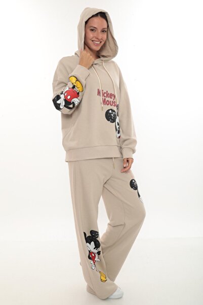 SETRİCA Kadın Siyah Mickey Baskılı Kapüşonlu DMC Taş İşlemeli Eşofman Takımı