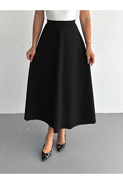 YUSUF CAN KARATAŞ KARATAŞ GİYİM Women's Elastic Waist Suede Fabric Black Color Kiloş Skirt Length 95 cm