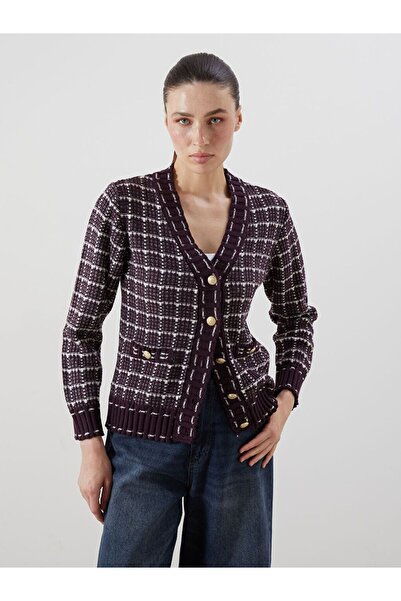 LC Waikiki V-Neck Plaid Women's Cardigan