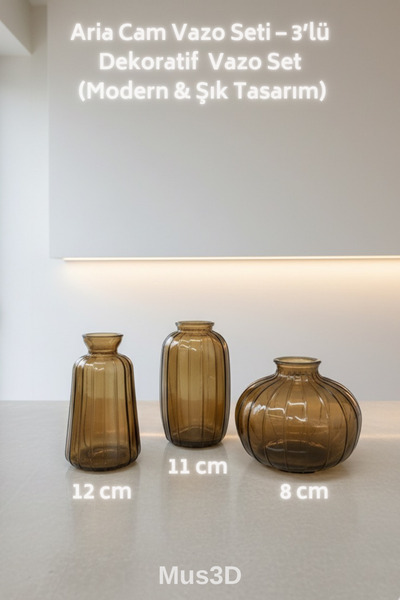 Mus3D Aria Cam Vazo Seti – 3’lü Dekoratif Vazo Set (Modern & Şık Tasarım)