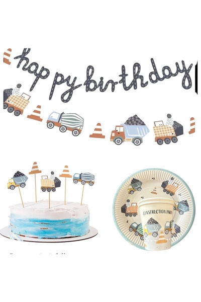 Partifabrik Retro Vehicles Construction Machinery Themed Birthday Party Set