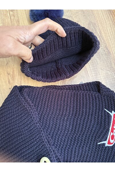 Blotch Children's Pompom Navy Blue Color Car Detail 2-Piece Scarf and Beanie Set
