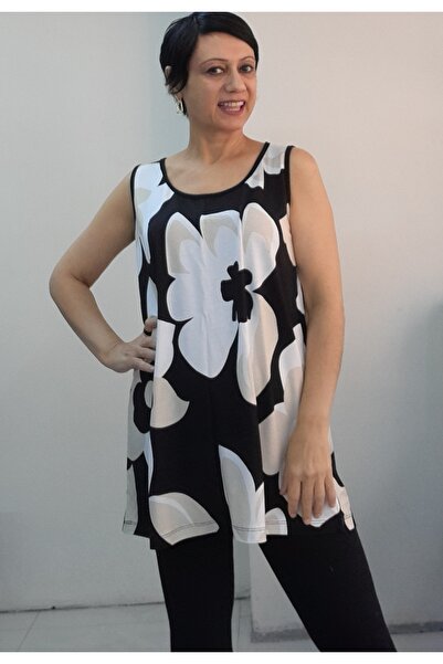 Mertcan Butik Black and White Floral Print Thick Strap Combed Viscose T-Shirt