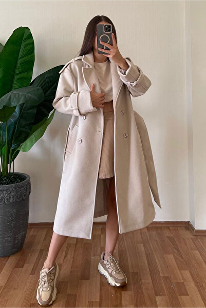 Nazline Women's Double Pocket Double-Breasted Collar Belted Cashmere Coat