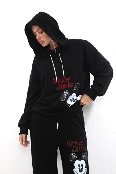 SETRİCA Γυναικείο σετ αθλητικής φόρμας με τρεις κλωστές μαύρο Mickey B με τύπωμα K με κουκούλα DMC με κεντημένες πέτρες