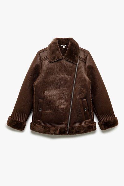 Koton Дамско яке с дълъг ръкав, подплатено с флис, с яка и изкуствена кожа, с кръстосан дизайн, с кожен вид 6WAK