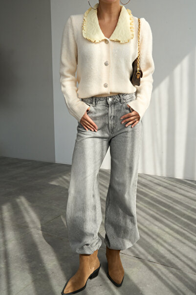 Lupies Women's Dark Gray Collar Detailed Buttoned Knitwear Cardigan