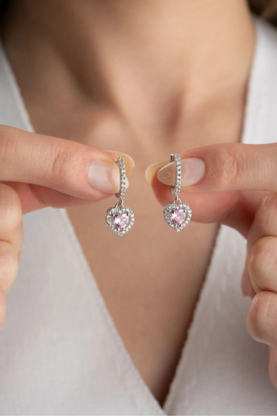 anadolusilver 925 Ayar Gümüş Pembe Kalpli Küpe