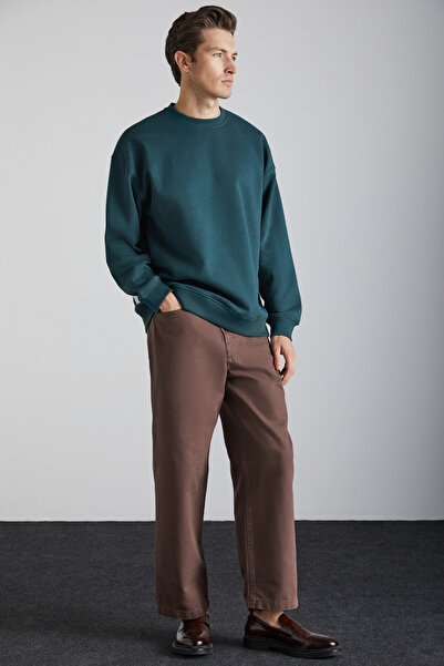 GRIMELANGE Stephan Men's Soft Fabric Organic Cotton Oversize Fit Round Neck Dark Green Sweatshirt