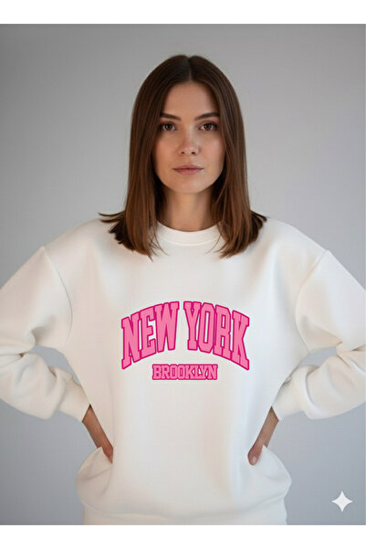 LORVEX Ροζ Νέα Υόρκη με στάμπα Oversize Βαμβακερό Γυναικείο Λευκό Φούτερ