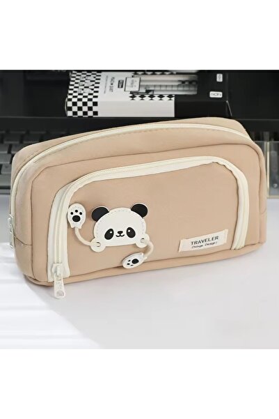 synshop Panda Kawaii Μπεζ Χρώμα Πολλαπλών Διαμερισμάτων Μεγάλης Χωρητικότητας Θήκη για στυλό Τσάντα μακιγιάζ